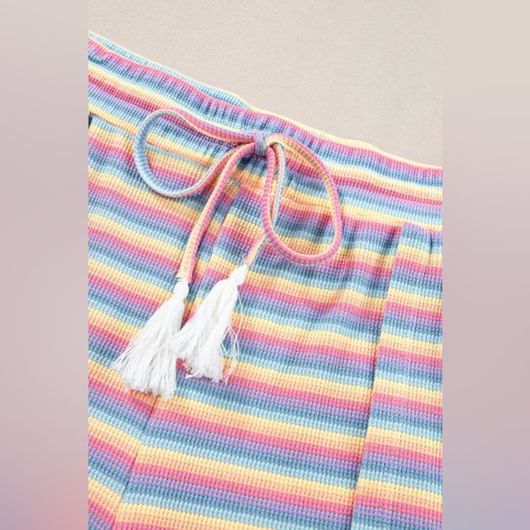 2 PC Outfit Pink Striped Rainbow Tee and Tasseled String Wide Leg Pants Set NWT - Picture 4 of 6